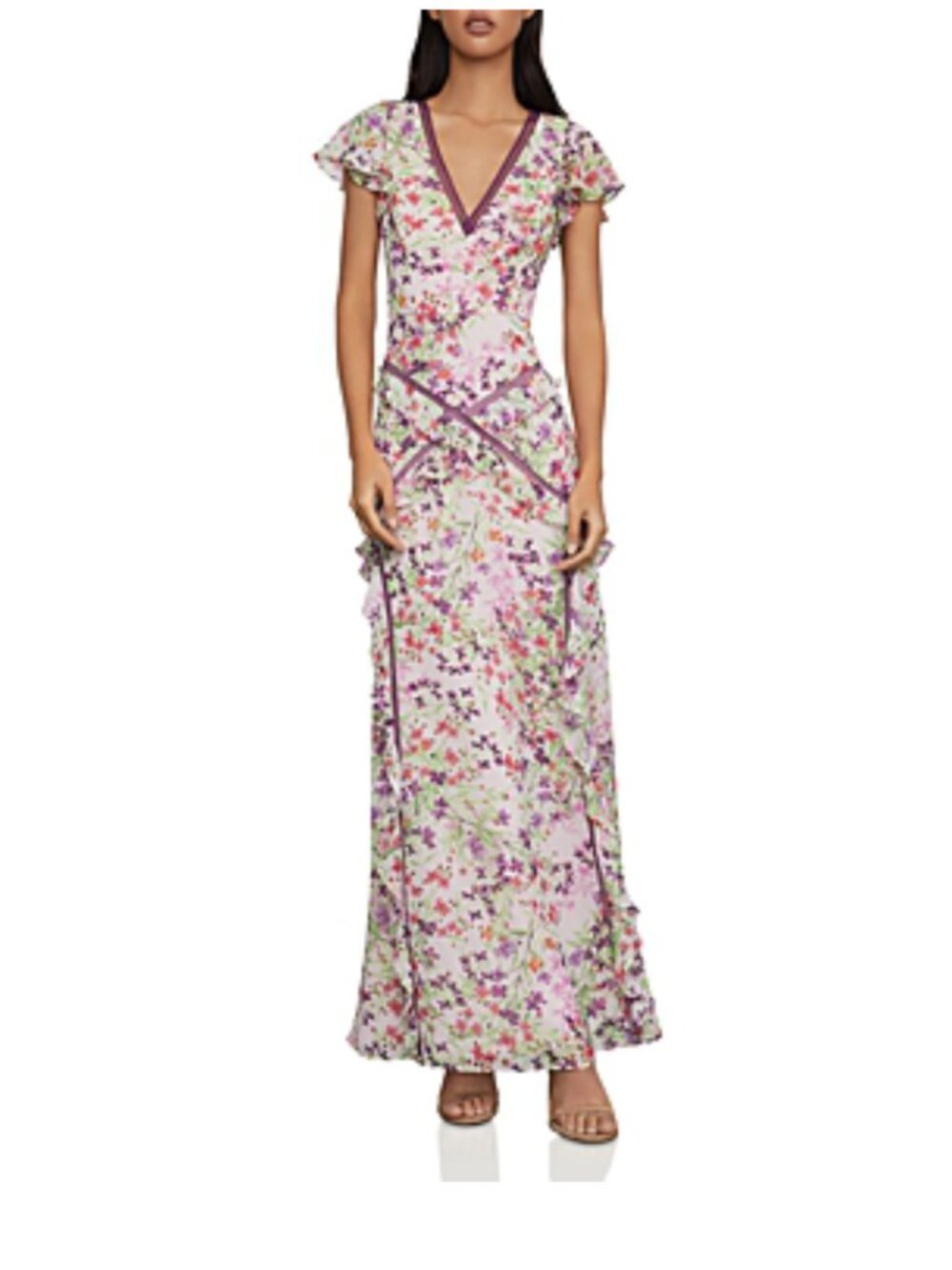 BCBGMaxAzria Floral Pink Purple Mesh/Ruffled Gown/Dress - Picture 2 of 7